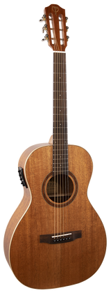 The image shows an acoustic guitar with a wooden body, sound hole, fretboard with metal frets, six strings, tuning pegs, and a slotted headstock typical of classical guitars. The bridge has pins securing the strings. This instrument is commonly used across various music genres and is a staple in the music industry.