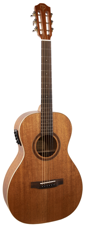 The image shows an acoustic guitar with a wooden body, sound hole, fretboard with metal frets, six strings, tuning pegs, and a slotted headstock typical of classical guitars. The bridge has pins securing the strings. This instrument is commonly used across various music genres and is a staple in the music industry.