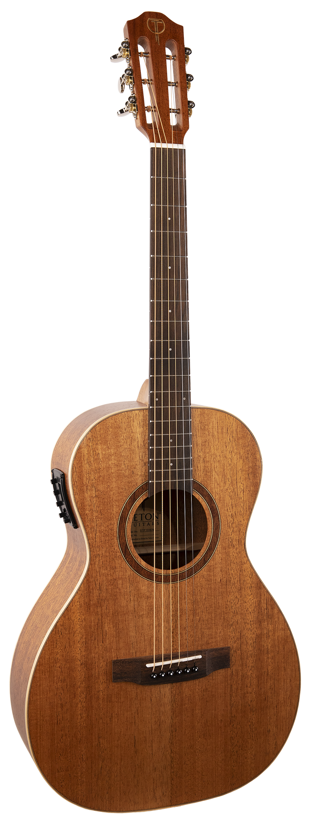 The image shows an acoustic guitar with a wooden body, sound hole, fretboard with metal frets, six strings, tuning pegs, and a slotted headstock typical of classical guitars. The bridge has pins securing the strings. This instrument is commonly used across various music genres and is a staple in the music industry.