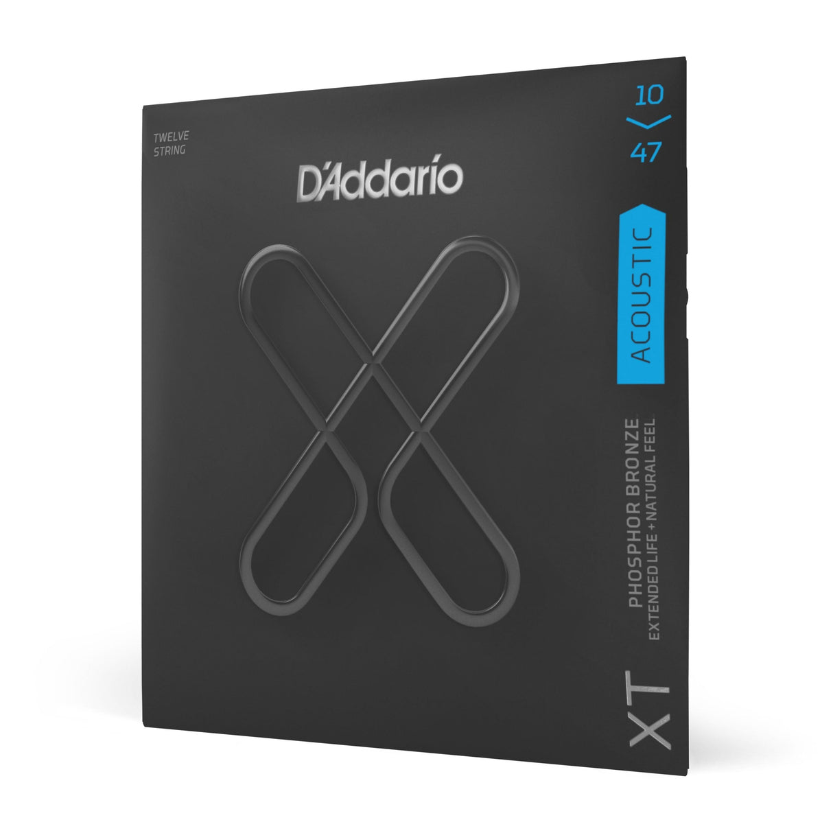 The image shows a package of D'Addario XT 12-string acoustic guitar strings, light gauge (10-47). The strings are phosphor bronze wound and designed for extended life and natural feel. The packaging features D'Addario’s black design with blue accents and the crossed "X" logo, clearly displaying the product and specifications. This premium set offers durability without sacrificing tone.