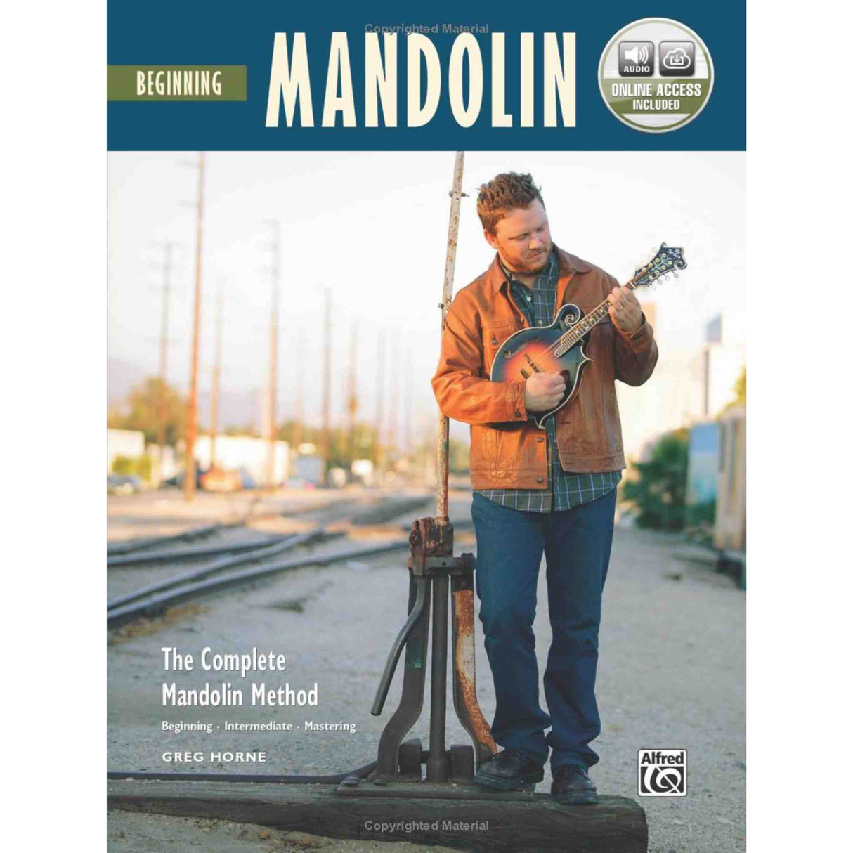 Book cover of 'Beginning Mandolin' with a person holding a mandolin outdoors.