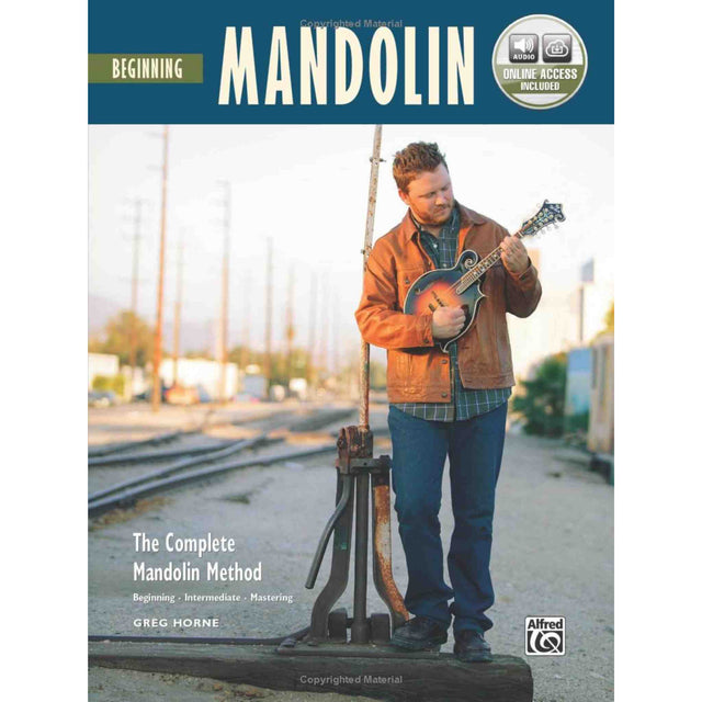 Book cover of 'Beginning Mandolin' with a person holding a mandolin outdoors.
