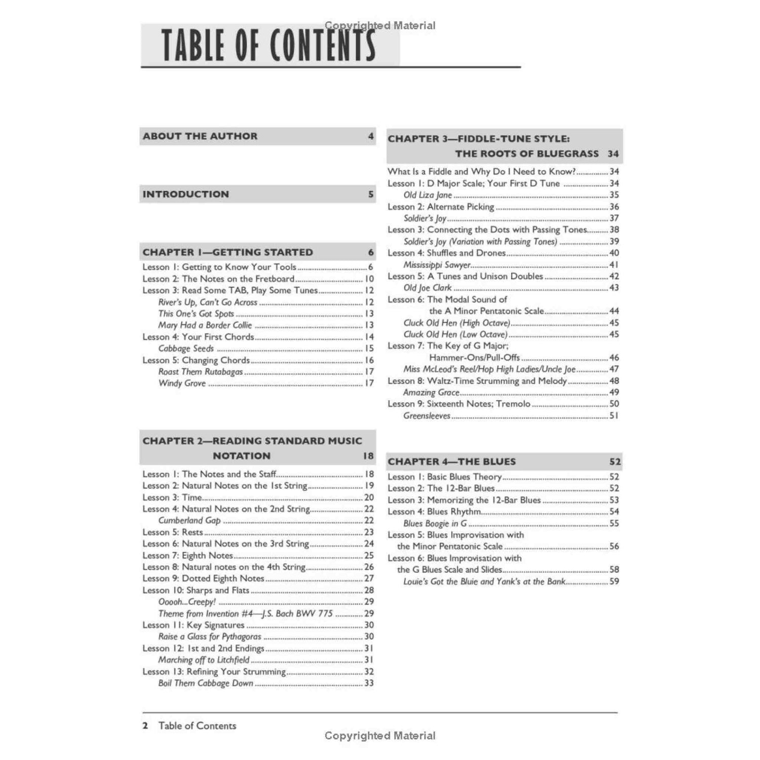 Table of contents for a music book on learning to play the mandolin with chapter headings and page numbers.