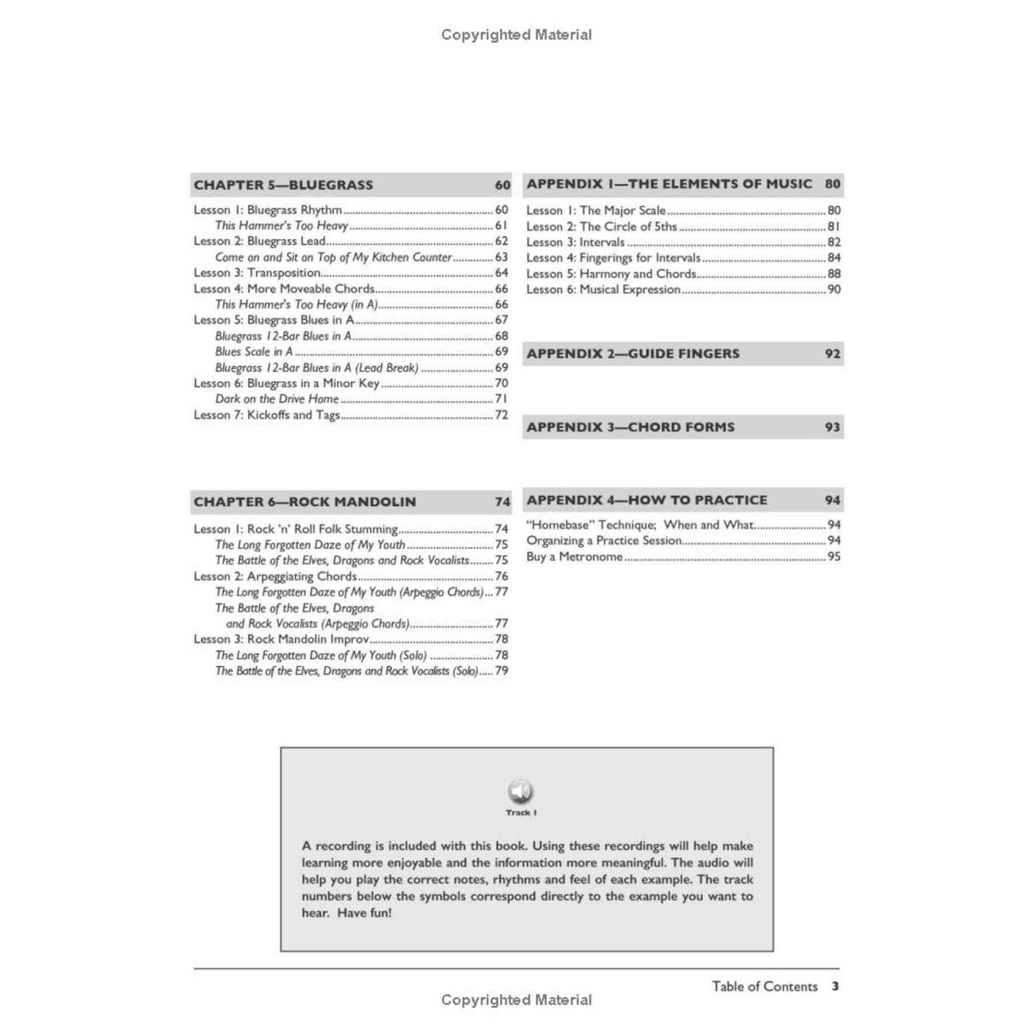 Table of contents page from the music book beginning Mandolin  with chapter headings and appendixes.