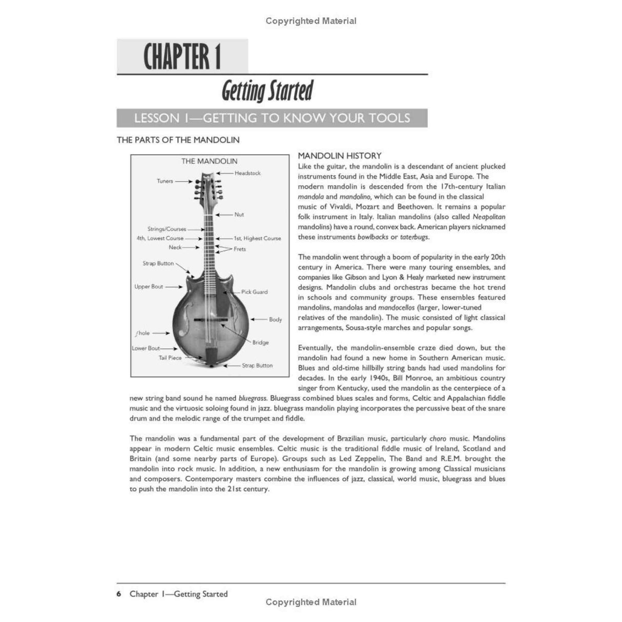 Book page about mandolin parts and history on a white background