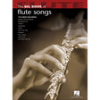 The image shows "The Big Book of Flute Songs," a Hal Leonard songbook featuring sheet music arranged for flute. The cover has bold red title text and a sepia photo of hands playing a flute. It includes 130 songs like "Beauty and the Beast," "Imagine," and "You Raise Me Up," catering to intermediate flutists with popular tunes from various genres.