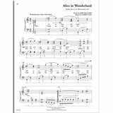 The image shows sheet music for "Alice in Wonderland" from the Disney musical/film. It features the title, credits to Bob Hilliard (words) and Sammy Fain (music), a moderate jazz waltz tempo in 3/4 time, piano/vocal format with treble and bass clefs, lyrics under the melody, chord symbols, dynamic markings, page 18, and copyright by Walt Disney Music Company.