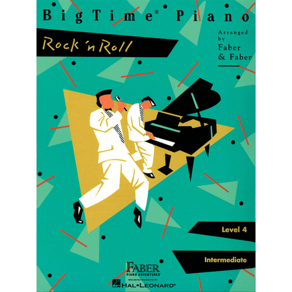 The image shows the cover of "BigTime Piano Rock 'n Roll," a Level 4 piano method book from the Faber Piano Adventures series by Hal Leonard. It features a stylized illustration of a pianist in white at a black grand piano, set against a turquoise/teal geometric 1990s-style background with red accents. The book offers intermediate rock and roll piano arrangements for developing students.