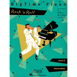 The image shows the cover of "BigTime Piano Rock 'n Roll," a Level 4 piano method book from the Faber Piano Adventures series by Hal Leonard. It features a stylized illustration of a pianist in white at a black grand piano, set against a turquoise/teal geometric 1990s-style background with red accents. The book offers intermediate rock and roll piano arrangements for developing students.
