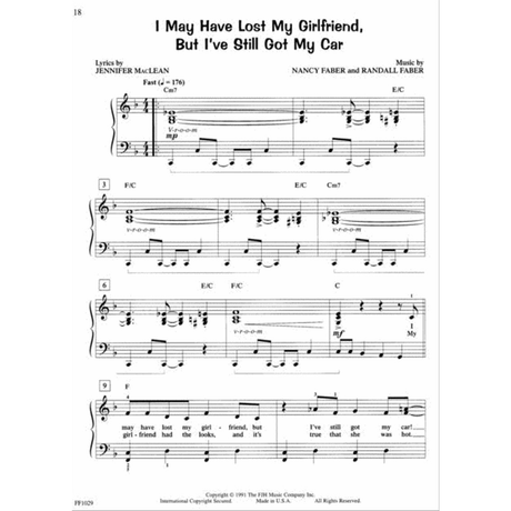 The image shows page 18 of a sheet music book for the song "I May Have Lost My Girlfriend, But I've Still Got My Car." It includes piano notation with treble and bass clefs, chord symbols (Cm7, F/C, E/C, C), tempo marking "Fast" (quarter note = 176 BPM), partial lyrics, dynamics (mp, mf), and song credits to Jennifer MacLean (lyrics) and Nancy and Randall Faber (music). Copyright by The FJH Music Company, 1991.