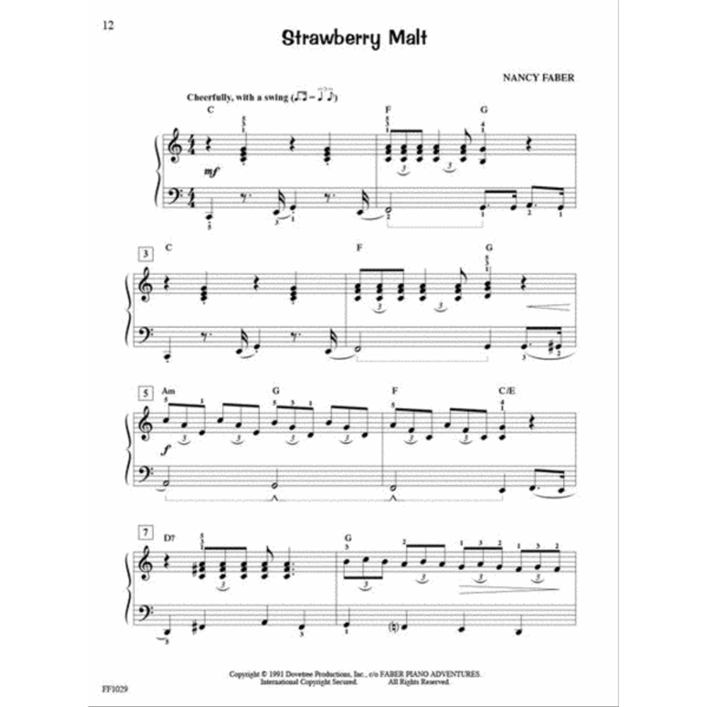 The image shows page 12 of the piano piece "Strawberry Malt" by Nancy Faber from the Faber Piano Adventures series. It features a grand staff in 4/4 time marked "Cheerfully, with a swing," with chord symbols (C, F, G, Am, D7, C/E), melodic lines, and accompaniment. The dynamic is mezzo-forte. Published in 1993 by Dovetree Productions, catalog FF1029.