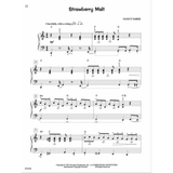 The image shows page 12 of the piano piece "Strawberry Malt" by Nancy Faber from the Faber Piano Adventures series. It features a grand staff in 4/4 time marked "Cheerfully, with a swing," with chord symbols (C, F, G, Am, D7, C/E), melodic lines, and accompaniment. The dynamic is mezzo-forte. Published in 1993 by Dovetree Productions, catalog FF1029.