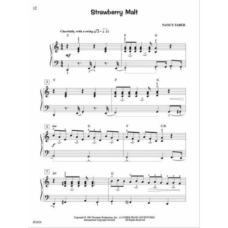 The image shows page 12 of the piano piece "Strawberry Malt" by Nancy Faber from the Faber Piano Adventures series. It features a grand staff in 4/4 time marked "Cheerfully, with a swing," with chord symbols (C, F, G, Am, D7, C/E), melodic lines, and accompaniment. The dynamic is mezzo-forte. Published in 1993 by Dovetree Productions, catalog FF1029.