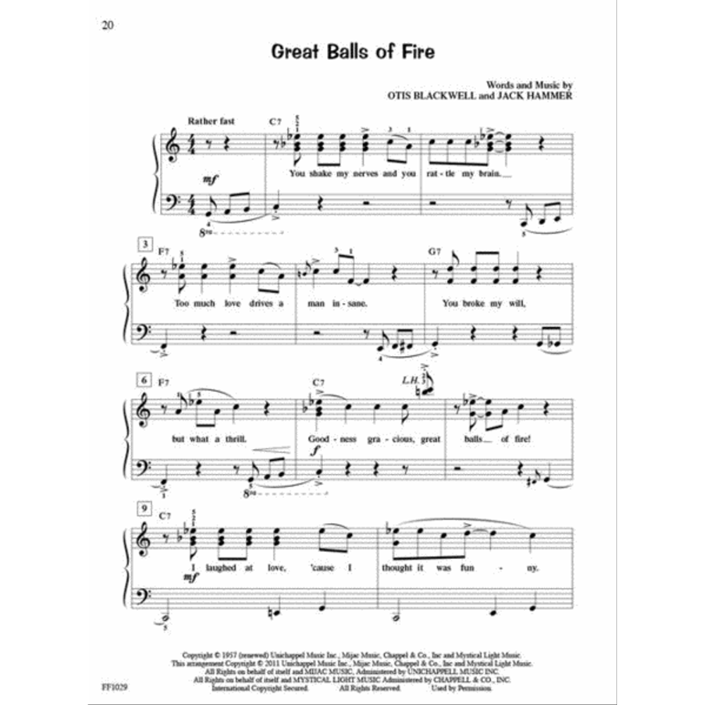 The image shows a page of sheet music for "Great Balls of Fire" by Otis Blackwell and Jack Hammer. It features a piano/vocal arrangement with treble and bass clefs, standard notation, chord symbols, lyrics below the melody, measure numbers, rehearsal letters, tempo and dynamic markings, copyright info at the bottom, and page number 20 at the top, typical of a published popular music songbook.