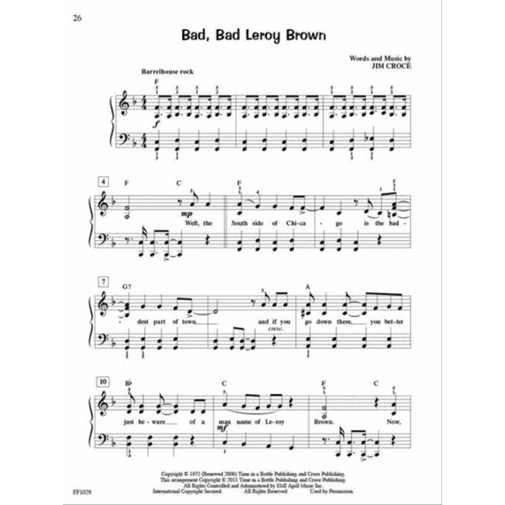 The image shows a page of sheet music for "Bad, Bad Leroy Brown" by Jim Croce. It features a piano/vocal arrangement in F major, 4/4 time, marked "Barrelhouse rock." The page includes chord symbols (F, C, G7, Bb), lyrics under the melody, dynamic marking "mp," and numbered measures. The layout includes the song title, credit to Croce, page number 26, publisher info, and copyright details.