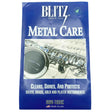 The image shows a package of Blitz Metal Care, a non-toxic cleaning and polishing solution for metal musical instruments. Established in 1912, Blitz’s Metal Care is designed to clean, shine, and protect silver, brass, gold, and plated instruments. The packaging features a saxophone and sheet music, highlighting its use for brass and metal wind instruments. Made in the USA, it’s essential for instrument maintenance.