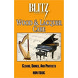 The image shows a product package for Blitz Wood & Lacquer Care, a musical instrument cleaner from a company since 1932. The package has an orange/yellow background with the Blitz logo, featuring a harp on the left and a grand piano on the right over sheet music. Text highlights "Cleans, Shines, and Protects" and "Non-Toxic." It is a care product for wooden and lacquered instruments like pianos and harps.