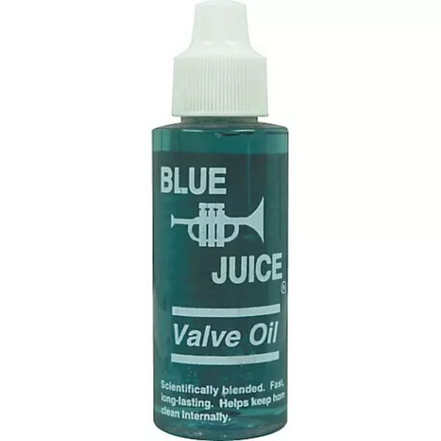 The image shows a clear squeeze bottle of Blue Juice Valve Oil for brass instruments. The bottle has a white dispensing cap and contains blue-green oil. The label features a trumpet silhouette and highlights that the oil is scientifically blended, fast, long-lasting, and helps keep horns clean. This valve oil is used to lubricate and maintain smooth valve action in instruments like trumpets, cornets, and tubas.