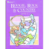 The image shows a music instruction book titled "Boogie, Rock & Country Level 1" by James Bastien. It has a purple cover with colorful cartoon illustrations of musicians playing instruments, reflecting the boogie, rock, and country themes. This beginner piano method book, published by Kjos Music Company (catalog WP216), is part of a series designed to teach these musical styles through simplified songs and exercises.
