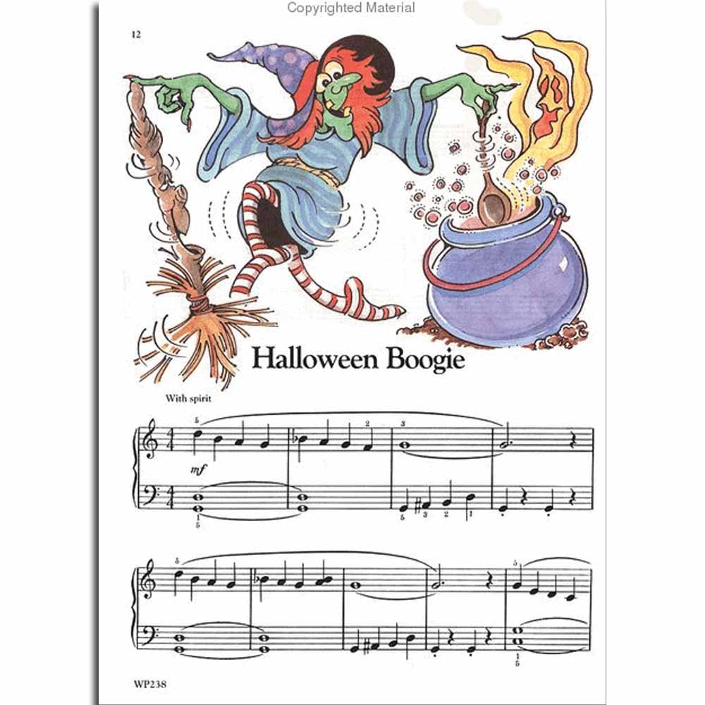 The image shows a page of piano sheet music titled "Halloween Boogie" in 4/4 time, marked "With spirit" and mezzo-forte, featuring treble and bass clefs with measure numbers and fingering. A colorful, playful cartoon of a red-haired witch, cauldron, and broomstick decorates the top. The page, numbered 12 with publisher code "WP238," is likely from a beginner or intermediate Halloween-themed piano book.