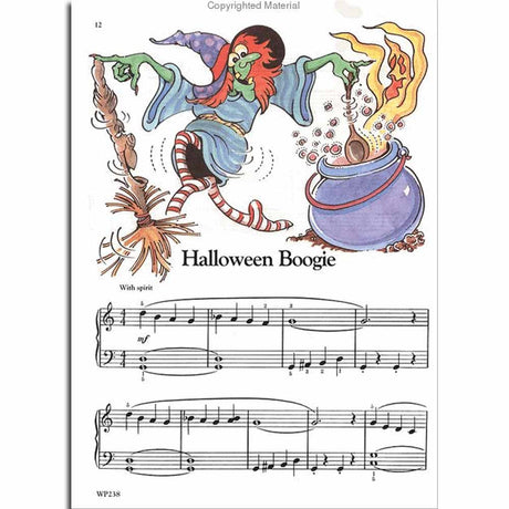 The image shows a page of piano sheet music titled "Halloween Boogie" in 4/4 time, marked "With spirit" and mezzo-forte, featuring treble and bass clefs with measure numbers and fingering. A colorful, playful cartoon of a red-haired witch, cauldron, and broomstick decorates the top. The page, numbered 12 with publisher code "WP238," is likely from a beginner or intermediate Halloween-themed piano book.