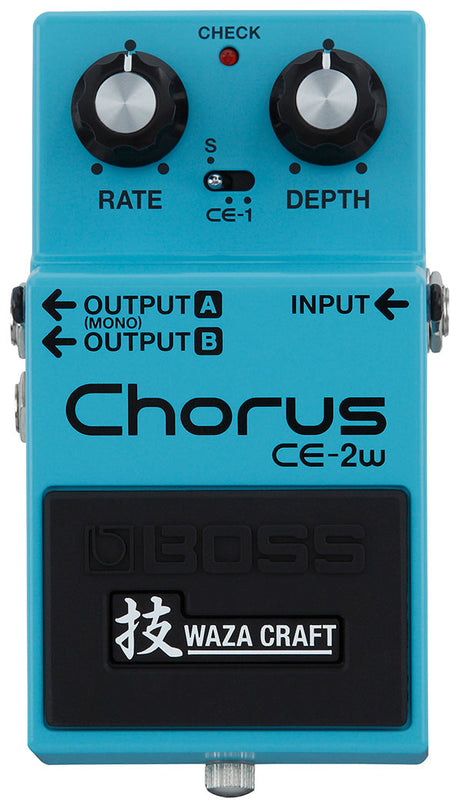 The image shows a Boss CE-2W Waza Craft Chorus guitar pedal, a modern reissue of the classic CE-2. It features two black knobs labeled RATE and DEPTH, a central toggle switch marked "S," a red CHECK LED, an input on the right, and two outputs for mono and stereo. The pedal has a turquoise body, Boss branding, and a Waza Craft logo with Japanese characters, offering vintage and modern chorus tones.