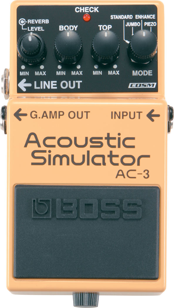 The image shows a Boss AC-3 Acoustic Simulator pedal with controls for Reverb Level, Body, Top, and a Mode selector (Standard, Enhance, Jumbo, Piezo). It has input, G.Amp Out, and Line Out jacks. This compact pedal lets electric guitars sound like acoustics, ideal for live or studio use. Boss pedals are known for reliability and professional-quality effects.