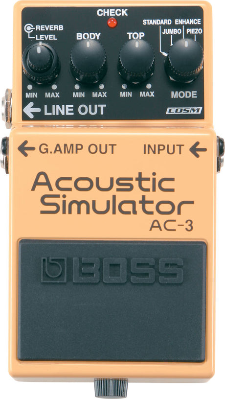 The image shows a Boss AC-3 Acoustic Simulator pedal with controls for Reverb Level, Body, Top, and a Mode selector (Standard, Enhance, Jumbo, Piezo). It has input, G.Amp Out, and Line Out jacks. This compact pedal lets electric guitars sound like acoustics, ideal for live or studio use. Boss pedals are known for reliability and professional-quality effects.