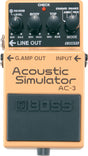 The image shows a Boss AC-3 Acoustic Simulator pedal with controls for Reverb Level, Body, Top, and a Mode selector (Standard, Enhance, Jumbo, Piezo). It has input, G.Amp Out, and Line Out jacks. This compact pedal lets electric guitars sound like acoustics, ideal for live or studio use. Boss pedals are known for reliability and professional-quality effects.