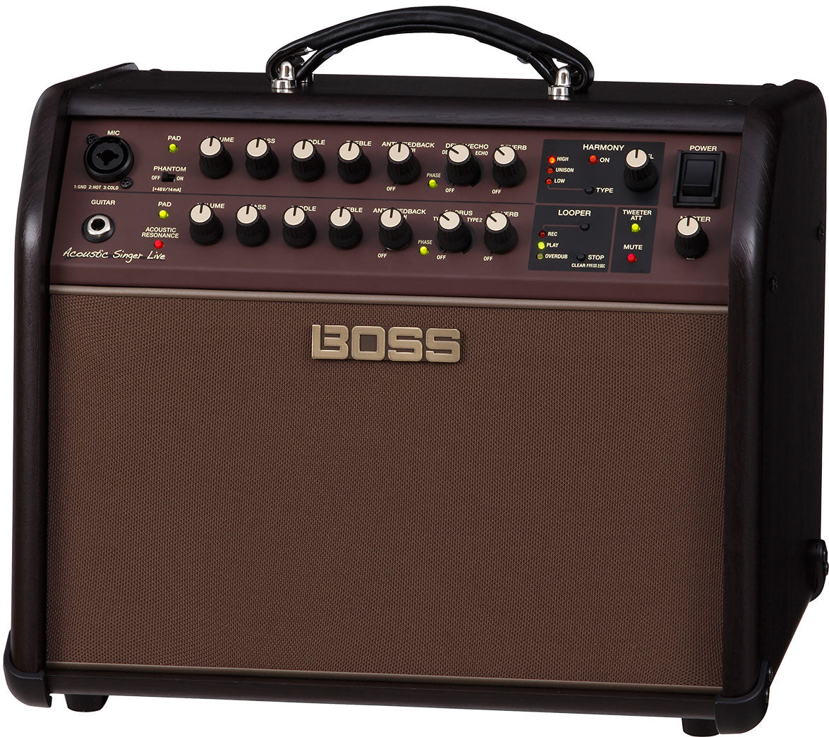 The image shows a BOSS Acoustic Singer Live amplifier designed for acoustic guitarists who sing. It features dual channels with XLR mic input (phantom power) and guitar input, individual EQs, built-in effects like reverb and chorus, anti-feedback control, a looper with LED indicators, and harmony effects. The compact, portable combo amp has a brown speaker grille and control panel with multiple knobs and switches.