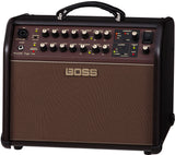 The image shows a BOSS Acoustic Singer Live amplifier designed for acoustic guitarists who sing. It features dual channels with XLR mic input (phantom power) and guitar input, individual EQs, built-in effects like reverb and chorus, anti-feedback control, a looper with LED indicators, and harmony effects. The compact, portable combo amp has a brown speaker grille and control panel with multiple knobs and switches.