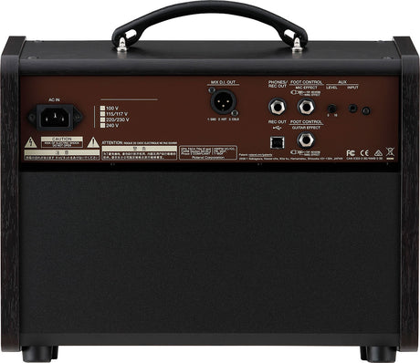 The image shows the back panel of a professional guitar amplifier featuring an AC input with international voltage selectors, XLR "MIX D.I. OUT," headphone and auxiliary jacks, foot control connections, and recording outputs. It includes microphone effects controls, multiple safety warnings, and a sturdy black tolex with a wood-colored panel. Designed for live and recording use, it offers versatile connectivity for serious or touring guitarists.
