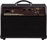 The image shows the back panel of a guitar amplifier featuring an AC power input with voltage selectors, various audio connections (DI/Line Out, XLR with ground lift, REC OUT, AUX IN), foot control ports, safety labels and certifications (FCC, CE), ventilation slots, and rugged construction with black tolex, metal corners, and a leather handle. It is a professional amp with global voltage settings for live and recording use.