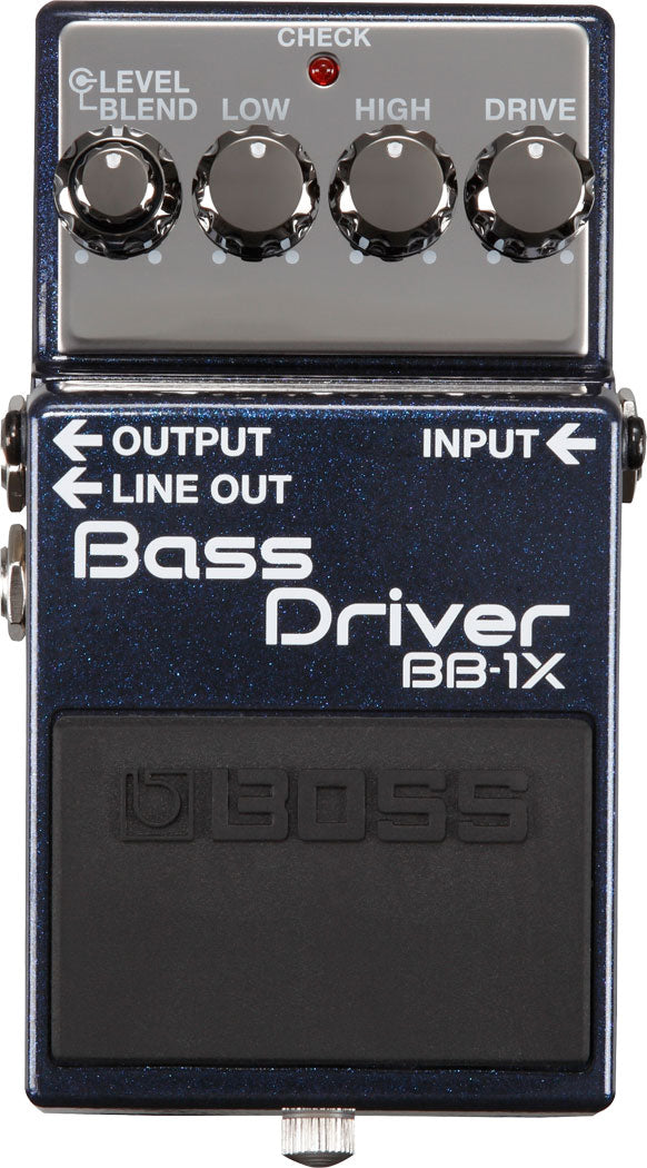 The image shows a BOSS Bass Driver BB-1X pedal, a compact stompbox for bass guitars offering overdrive and distortion. It has five control knobs: C.LEVEL, BLEND, LOW, HIGH, and DRIVE, plus a red CHECK LED. The pedal includes INPUT, OUTPUT, and LINE OUT jacks. Known for durable quality, the BB-1X delivers natural bass overdrive with blend control to mix clean and distorted signals, favored across rock, blues, and funk genres.