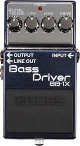 The image shows a BOSS Bass Driver BB-1X pedal, a compact stompbox for bass guitars offering overdrive and distortion. It has five control knobs: C.LEVEL, BLEND, LOW, HIGH, and DRIVE, plus a red CHECK LED. The pedal includes INPUT, OUTPUT, and LINE OUT jacks. Known for durable quality, the BB-1X delivers natural bass overdrive with blend control to mix clean and distorted signals, favored across rock, blues, and funk genres.