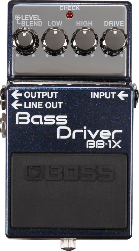 The image shows a BOSS Bass Driver BB-1X pedal, a compact stompbox for bass guitars offering overdrive and distortion. It has five control knobs: C.LEVEL, BLEND, LOW, HIGH, and DRIVE, plus a red CHECK LED. The pedal includes INPUT, OUTPUT, and LINE OUT jacks. Known for durable quality, the BB-1X delivers natural bass overdrive with blend control to mix clean and distorted signals, favored across rock, blues, and funk genres.