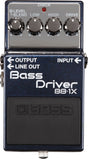 The image shows a BOSS Bass Driver BB-1X pedal, a compact stompbox for bass guitars offering overdrive and distortion. It has five control knobs: C.LEVEL, BLEND, LOW, HIGH, and DRIVE, plus a red CHECK LED. The pedal includes INPUT, OUTPUT, and LINE OUT jacks. Known for durable quality, the BB-1X delivers natural bass overdrive with blend control to mix clean and distorted signals, favored across rock, blues, and funk genres.