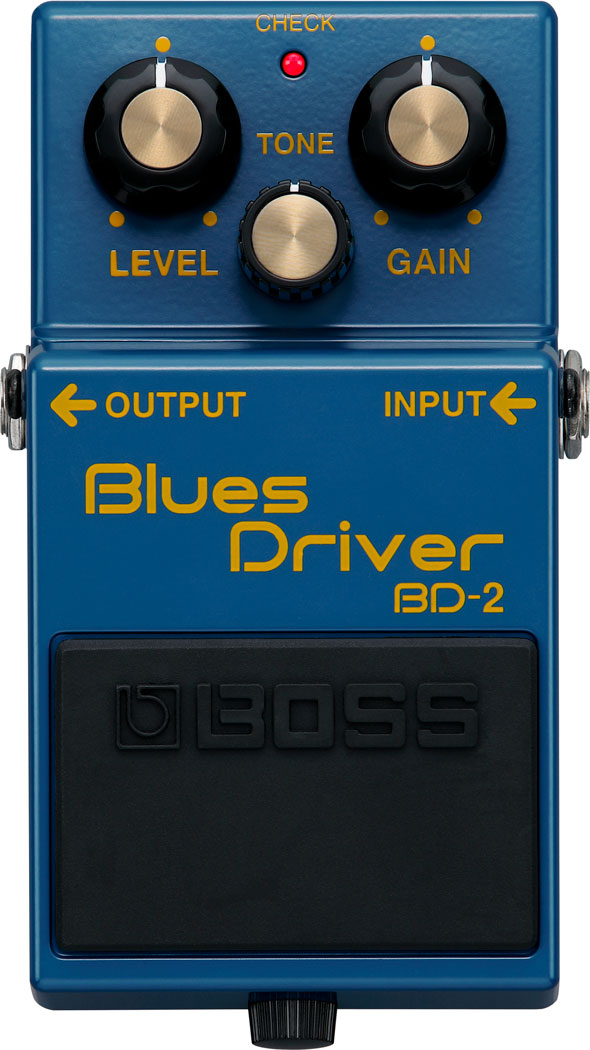 The image shows a Boss Blues Driver BD-2 guitar effects pedal, a popular overdrive/distortion pedal. It features three knobs (LEVEL, TONE, GAIN), a red "CHECK" LED, input/output jacks, and a blue housing with a black footswitch. Known for its warm, tube-like overdrive, the BD-2 is favored for blues, rock, and versatile guitar tones.