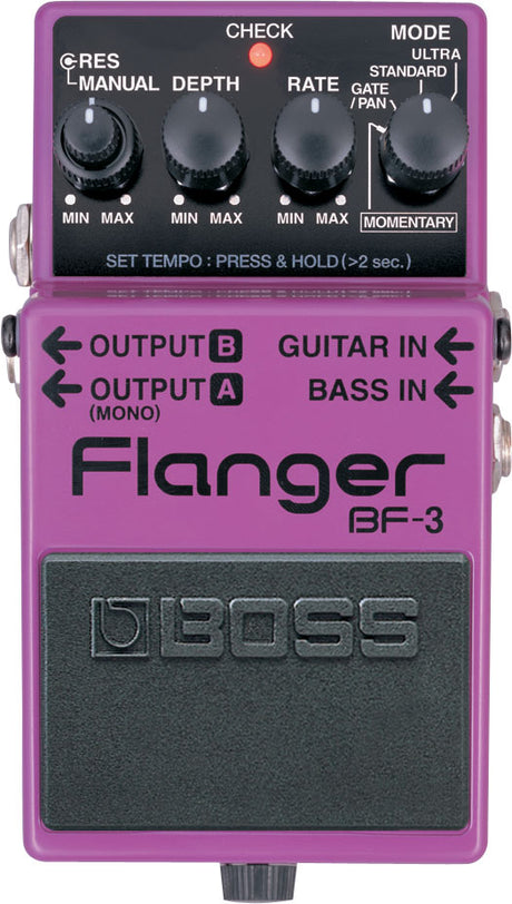 The image shows a Boss BF-3 Flanger guitar effects pedal with a purple/magenta casing and Boss logo. It features four knobs (RES, MANUAL, DEPTH, RATE), a MODE switch (ULTRA, STANDARD, GATE/PAN), input jacks for guitar and bass, output jacks for mono and stereo, and a CHECK light. The pedal creates a sweeping flanger sound by mixing the signal with a delayed copy, popular in rock, metal, and experimental music.