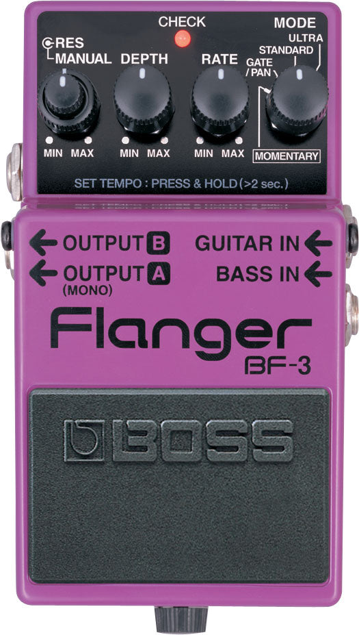 The image shows a Boss BF-3 Flanger guitar effects pedal with a purple/magenta casing and Boss logo. It features four knobs (RES, MANUAL, DEPTH, RATE), a MODE switch (ULTRA, STANDARD, GATE/PAN), input jacks for guitar and bass, output jacks for mono and stereo, and a CHECK light. The pedal creates a sweeping flanger sound by mixing the signal with a delayed copy, popular in rock, metal, and experimental music.