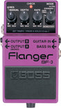 The image shows a Boss BF-3 Flanger guitar effects pedal with a purple/magenta casing and Boss logo. It features four knobs (RES, MANUAL, DEPTH, RATE), a MODE switch (ULTRA, STANDARD, GATE/PAN), input jacks for guitar and bass, output jacks for mono and stereo, and a CHECK light. The pedal creates a sweeping flanger sound by mixing the signal with a delayed copy, popular in rock, metal, and experimental music.