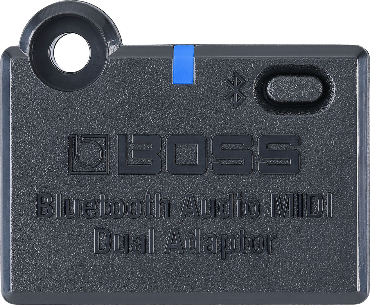 The image shows a BOSS Bluetooth Audio MIDI Dual Adaptor, a compact, dark gray device with BOSS branding, Bluetooth symbol, blue accent strip, power button, and mounting hole. It wirelessly transmits audio and MIDI data, enabling musicians to connect instruments to speakers, apps, or devices for practice, recording, or performance, blending modern wireless tech with reliable musical gear.
