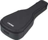 The image shows a black Boss guitar gig bag with a durable fabric exterior and white Boss logo. It features a guitar-shaped design, padded protection, multiple zippers for the main and accessory compartments, and a carrying handle. Known for quality, Boss offers this lightweight, portable soft case to safely transport guitars while shielding them from dust, minor impacts, and weather.