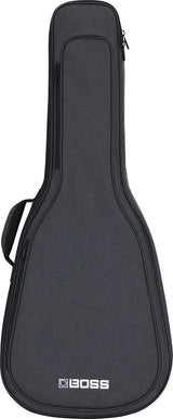 The image shows a dark gray BOSS guitar gig bag with a padded, soft case design shaped for acoustic or electric guitars. It features multiple zippered compartments, including a main guitar compartment and a top accessory pocket, a carrying handle, and BOSS branding at the bottom. The professional textured fabric exterior offers lightweight protection, highlighting BOSS’s expansion from effects pedals into guitar accessories.