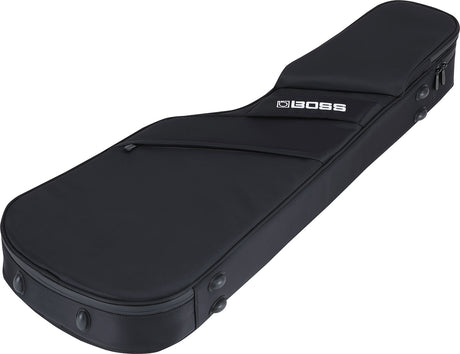 The image shows a black BOSS guitar gig bag with visible white branding. It features a guitar-shaped, padded soft case made of durable material, multiple zipper closures, and reinforced areas for added protection. Designed to safely carry acoustic or electric guitars, this lightweight, portable accessory offers convenient protection and is part of BOSS’s range of guitar gear and accessories.