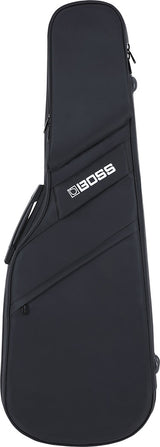 The image shows a BOSS black padded guitar gig bag with a sleek design. It features the white BOSS logo, diagonal front seams, top handles, shoulder straps for hands-free carrying, and multiple zippered compartments for accessories. Designed to protect and transport electric or acoustic guitars, this soft case offers portability and padding, reflecting BOSS’s expansion into instrument accessories beyond their well-known pedals and audio gear.