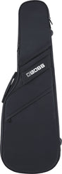 The image shows a BOSS black padded guitar gig bag with a sleek design. It features the white BOSS logo, diagonal front seams, top handles, shoulder straps for hands-free carrying, and multiple zippered compartments for accessories. Designed to protect and transport electric or acoustic guitars, this soft case offers portability and padding, reflecting BOSS’s expansion into instrument accessories beyond their well-known pedals and audio gear.