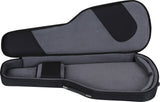 The image shows an open hard or semi-hard guitar case with a black exterior and gray padded interior. It has a guitar-shaped form with protective cushioning, a small accessory compartment, and a zippered closure. The empty case displays a molded interior designed to securely hold and protect a guitar during transport or storage.