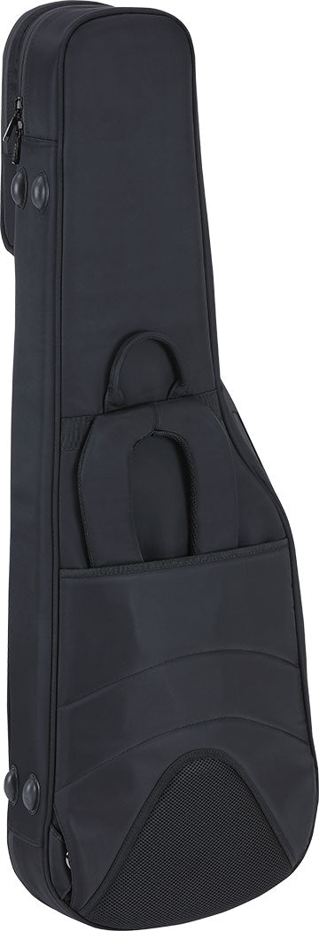The image shows a black padded electric guitar gig bag with a zippered closure. It has a sleek, elongated shape matching the guitar’s contours, reinforced stress points, and a carrying handle. The exterior is durable fabric with multiple zippers and a front accessory pocket for cables or picks, offering lightweight, portable protection ideal for gigs, lessons, or rehearsals.