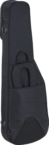 The image shows a black padded electric guitar gig bag with a zippered closure. It has a sleek, elongated shape matching the guitar’s contours, reinforced stress points, and a carrying handle. The exterior is durable fabric with multiple zippers and a front accessory pocket for cables or picks, offering lightweight, portable protection ideal for gigs, lessons, or rehearsals.